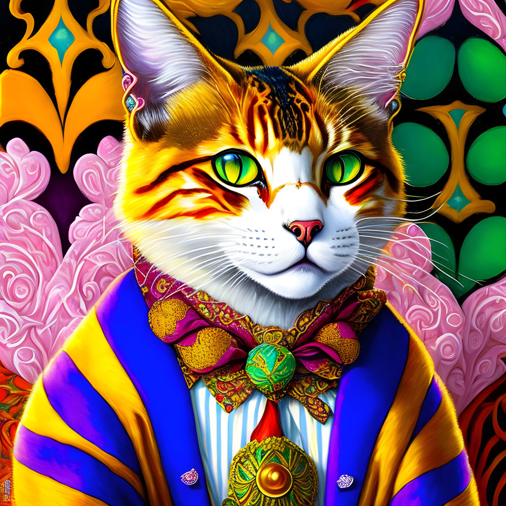 Colorful Cat Illustration in Elegant Outfit with Green Eyes