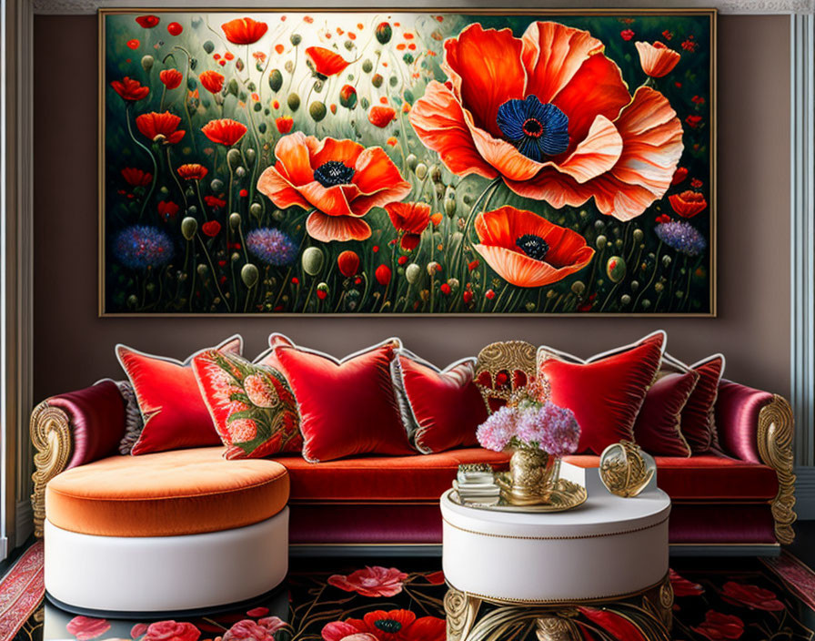 Detailed Poppy Floral Painting Above Classic Red Sofa & Ottoman