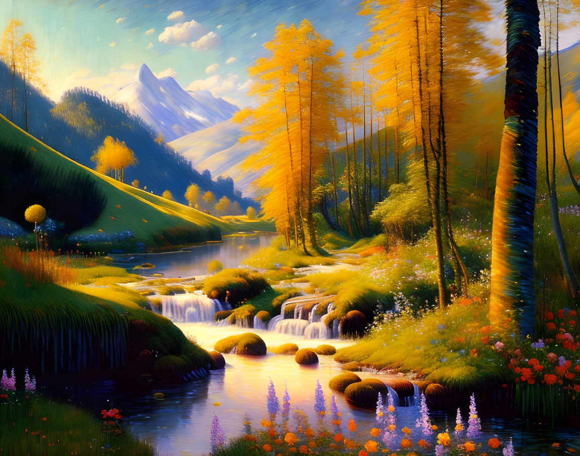 Colorful forest river landscape with vibrant sky & mountains