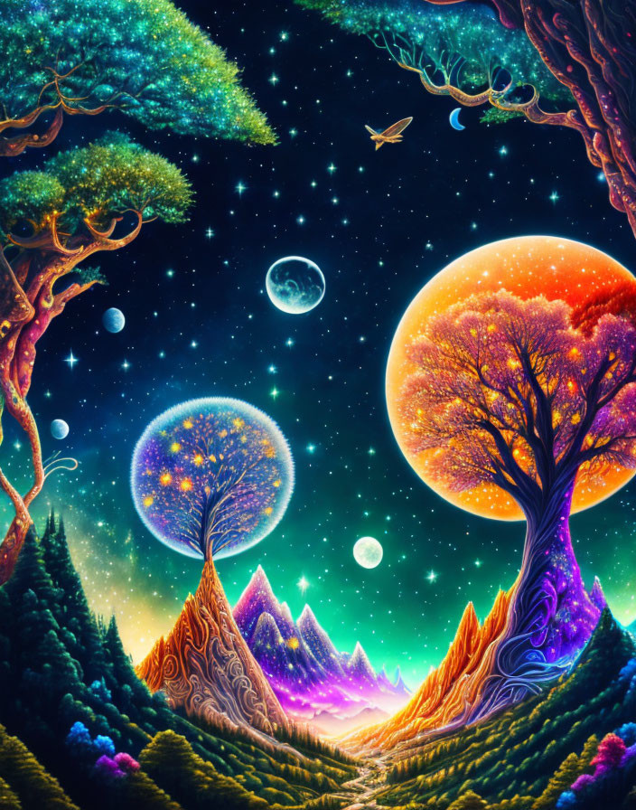 Colorful fantasy landscape with illuminated trees, celestial bodies, mountains, and flying bird.