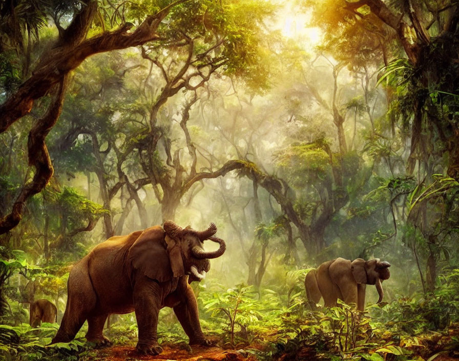 Elephants in Jungle Scene with Trumpeting Elephant