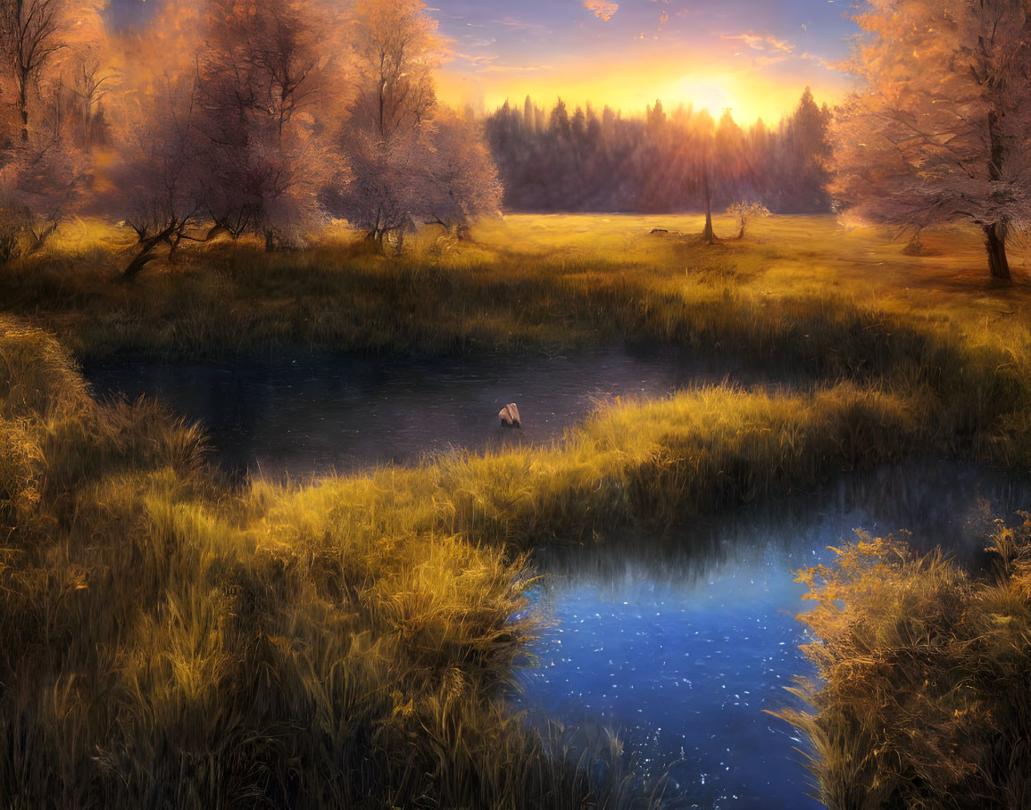 Ethereal sunrise landscape with golden light, serene pond, and grazing deer