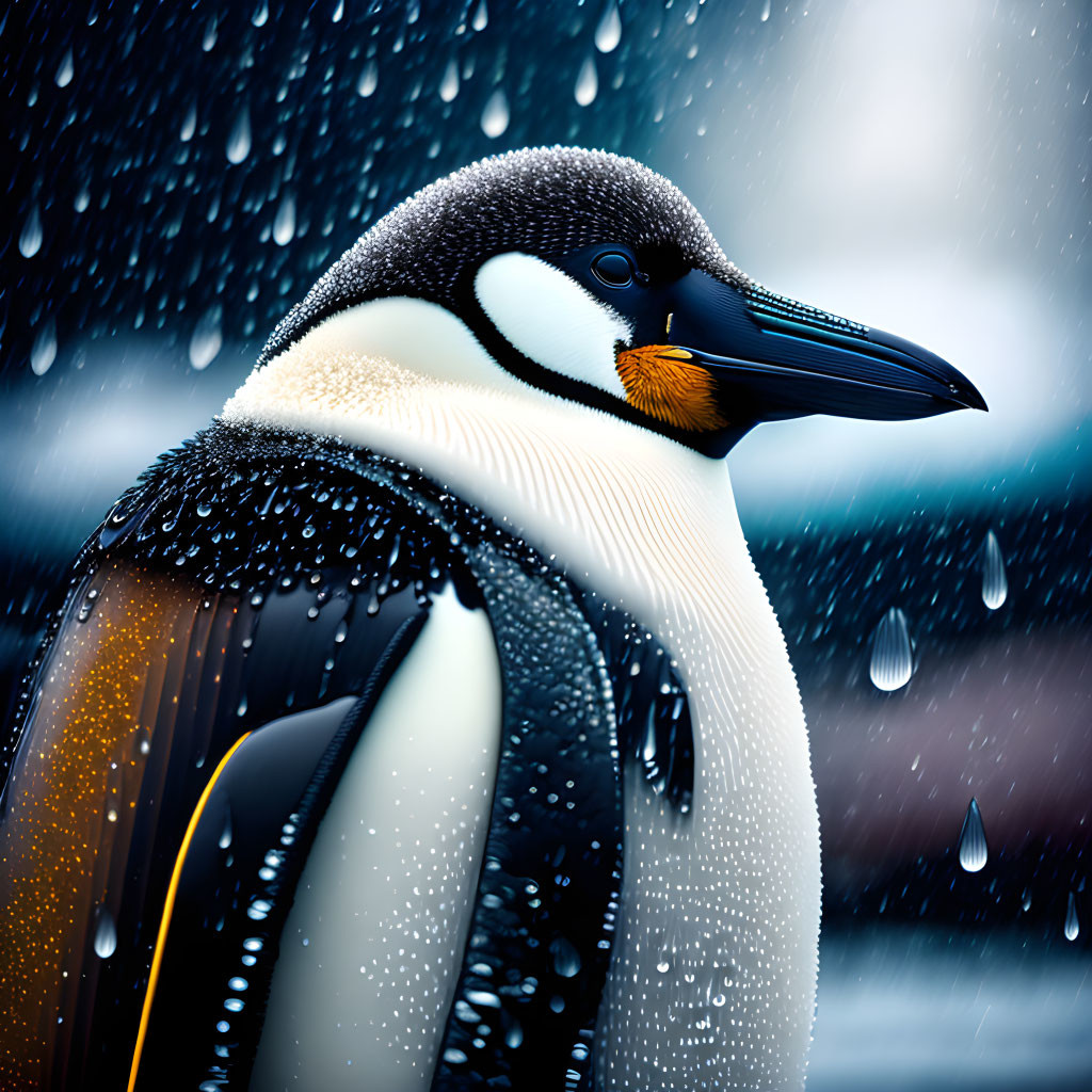 Close-up of King Penguin with Water Droplets and Vivid Head Markings