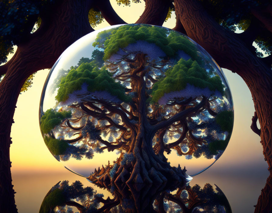 Surreal image of tree canopy forming sphere reflecting twilight sky