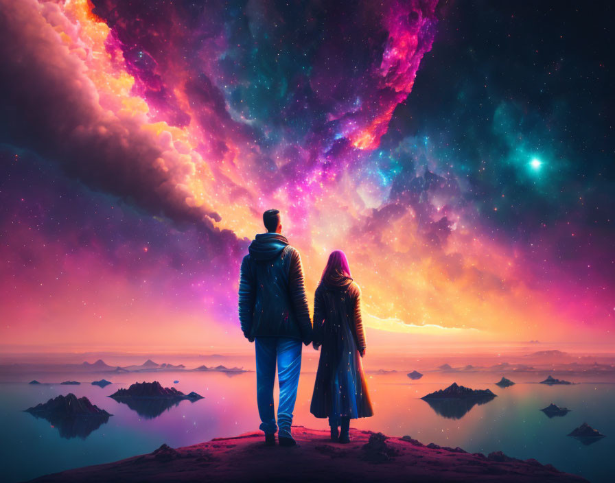 Two individuals on cliff with colorful nebula over calm sea