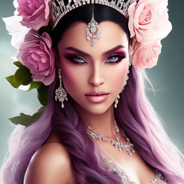 Violet-haired woman portrait with dramatic makeup and floral tiara