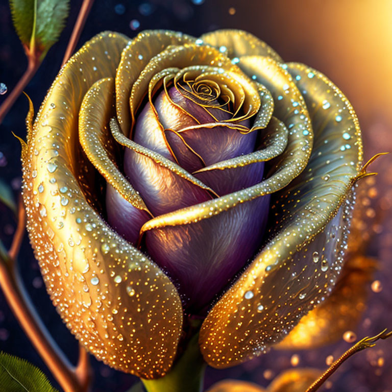 Golden Rose with Dewdrops on Petals Against Dark Bokeh Background