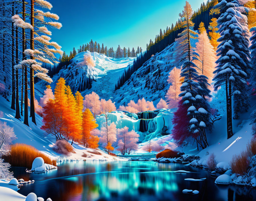 Winter landscape: waterfall, orange trees, snow, blue river.