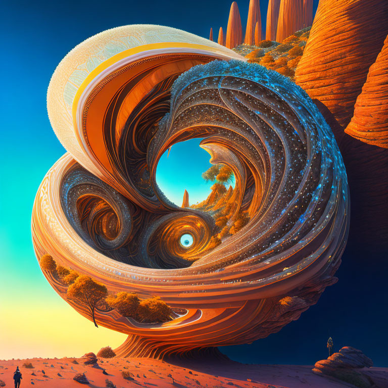 Surreal desert landscape with intricate fractal structure, trees, and small human figure under blue sky