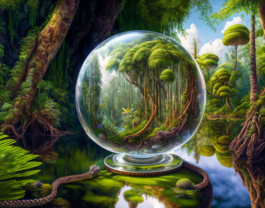 Crystal ball shows lush mystical forest with tall trees and clear sky