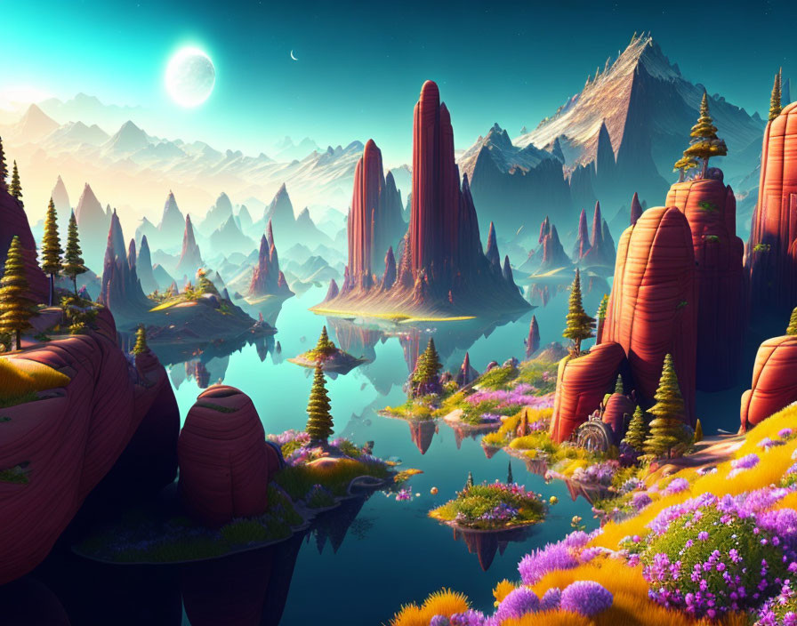 Majestic fantasy landscape with towering rocks, reflective water, vibrant flora, and ethereal sky.