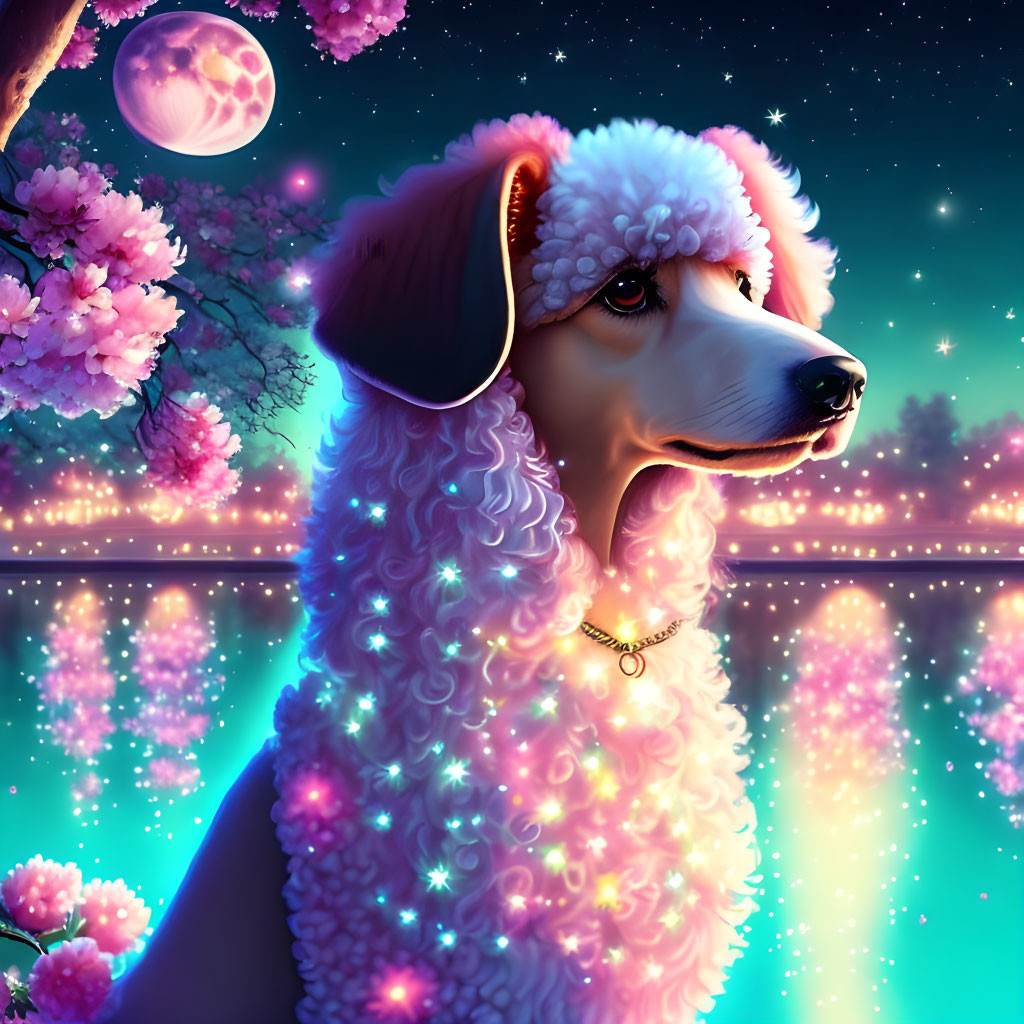 Poodle illustration with glowing fur under starry sky, cherry blossoms, bridge, and moon.