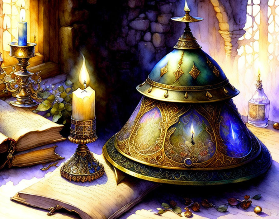 Intricate design lamp beside lit candle and open book in fantasy setting