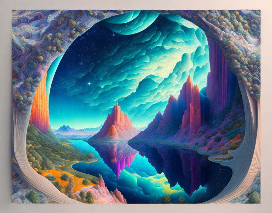 Colorful Surreal Landscape with Swirling Skies and Mountain Peaks