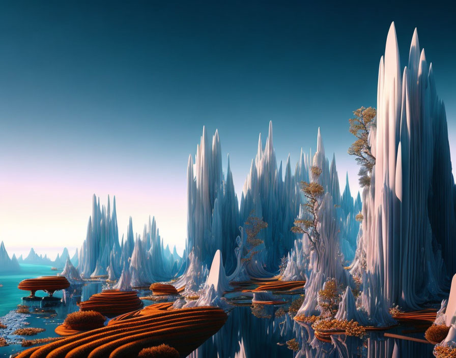 Surreal landscape with spikey ice and orange rock formations