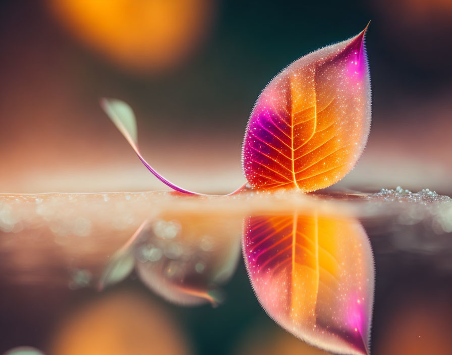 Vibrant leaf with dew drops on glossy surface and soft light bokeh