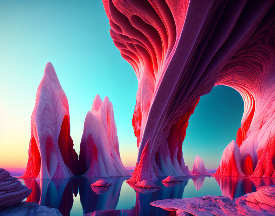Colorful Alien Landscape with Striped Rock Formations and Arches by Tranquil Water