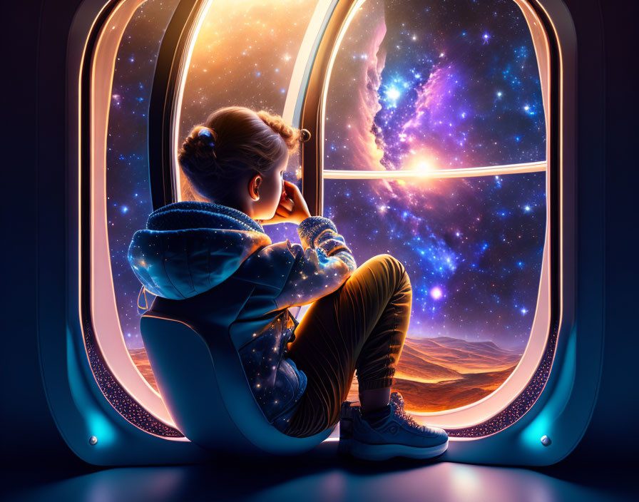 Child observing distant galaxy, stars, and sun from spaceship window.