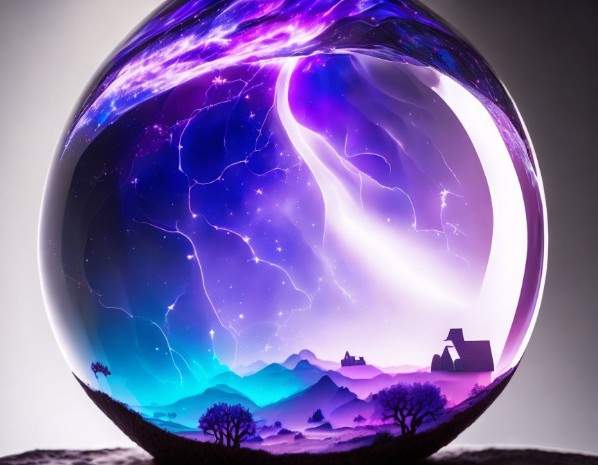 Colorful crystal ball showing surreal landscape with purple skies, lightning bolts, and silhouetted trees