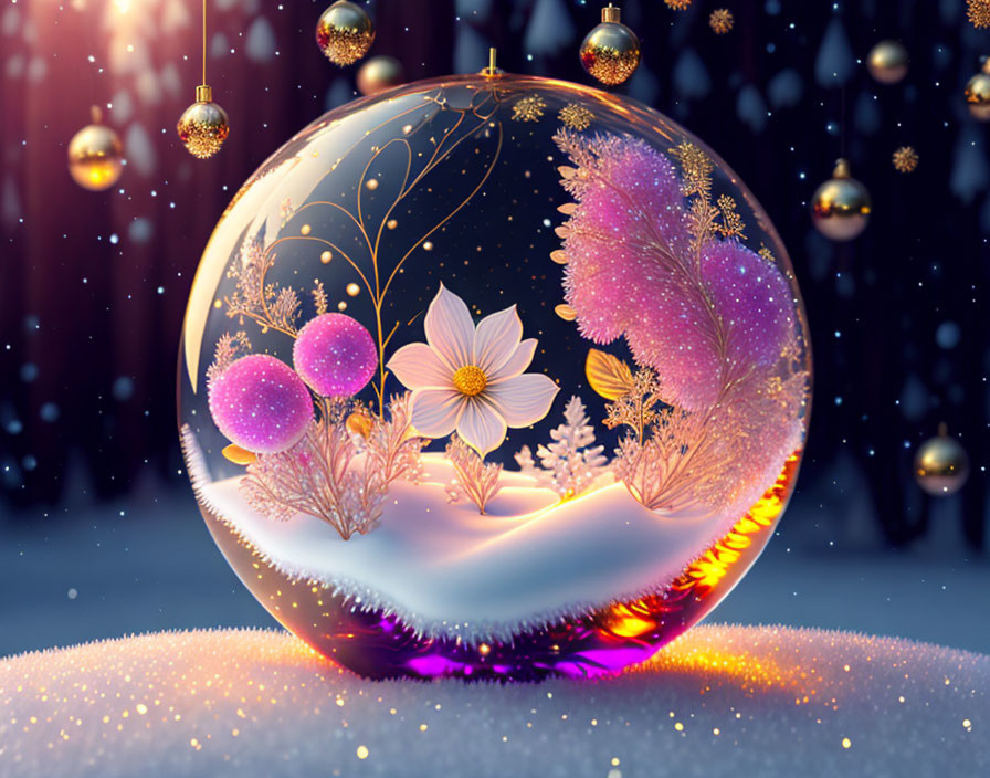 Glass Globe with Winter Flowers and Snowflakes on Snowy Background