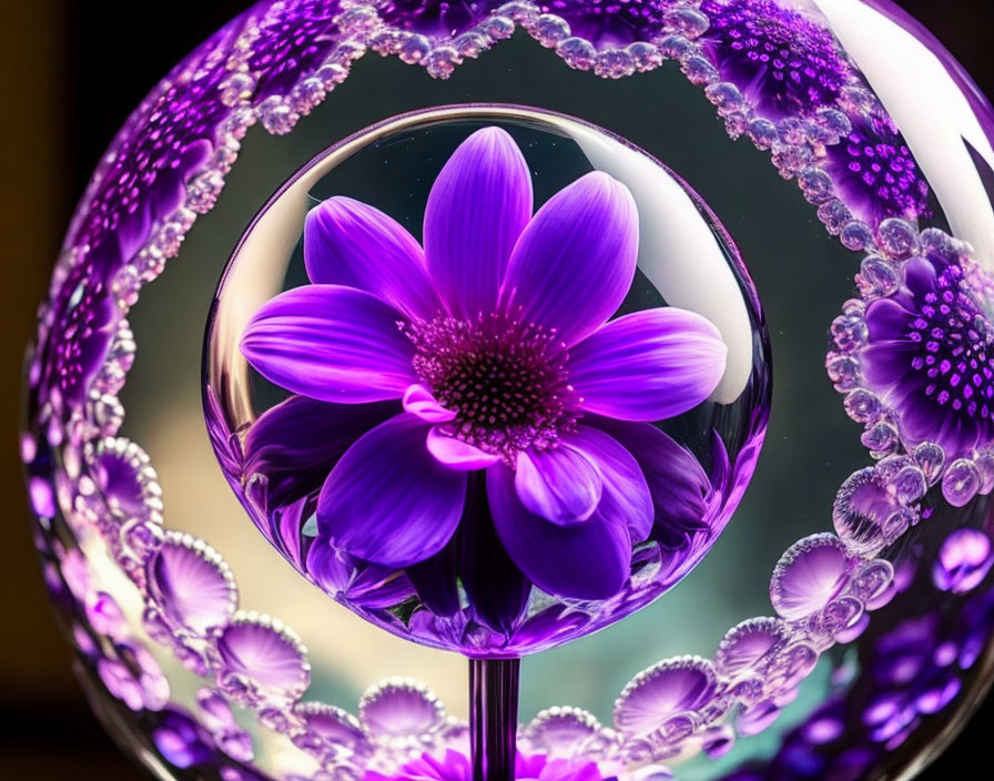 Purple Flower Magnified Through Sphere with Circular Patterns and Bubbles