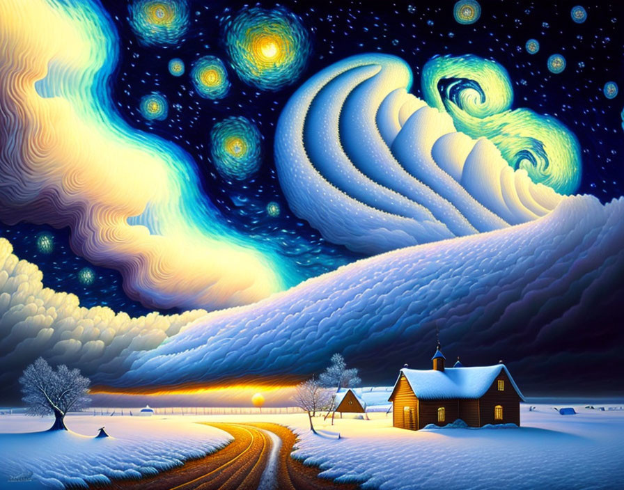 Surreal landscape with starry sky, swirling clouds, snowy scene, cozy house, glowing sunset