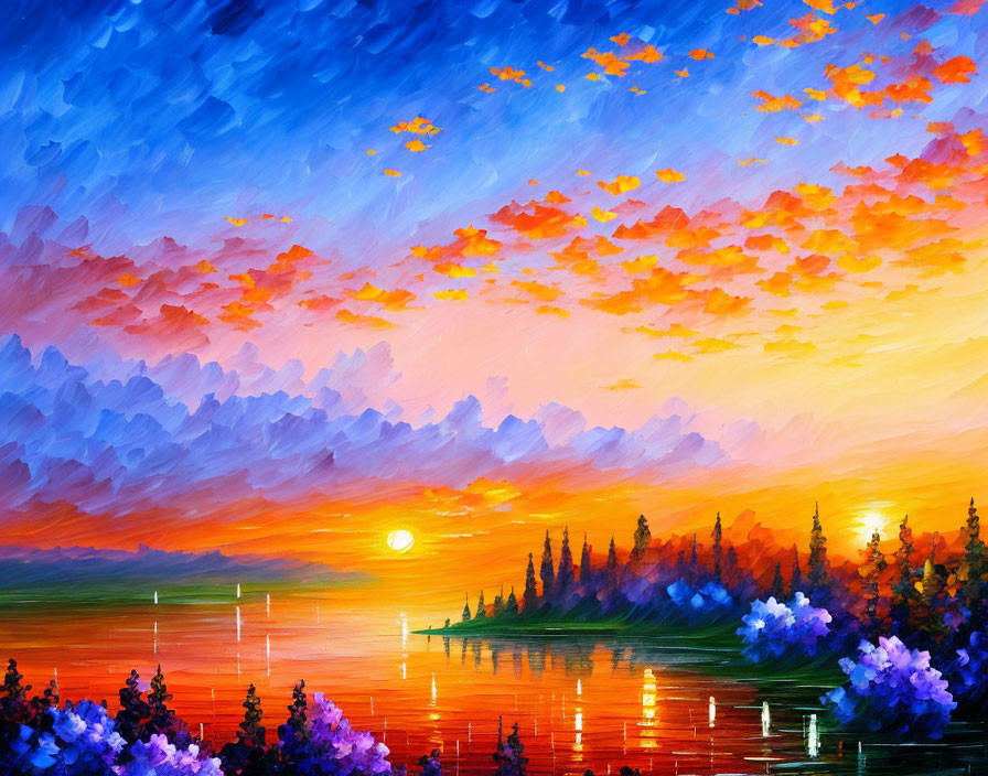 Scenic sunset painting with blue and orange clouds over a tranquil lake