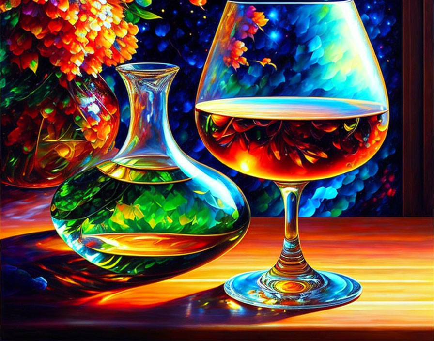 Colorful Still Life with Wine Decanter and Glass on Table with Flowers