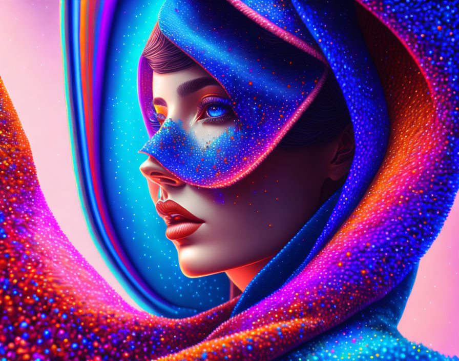 Colorful digital artwork: Woman in cosmic veil on gradient background
