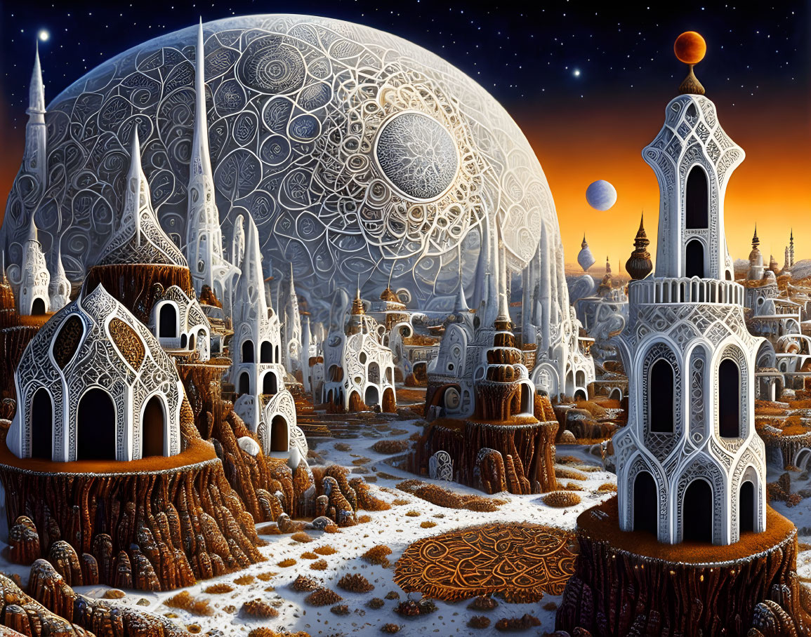 Fantastical white architecture under starry sky with large moon.