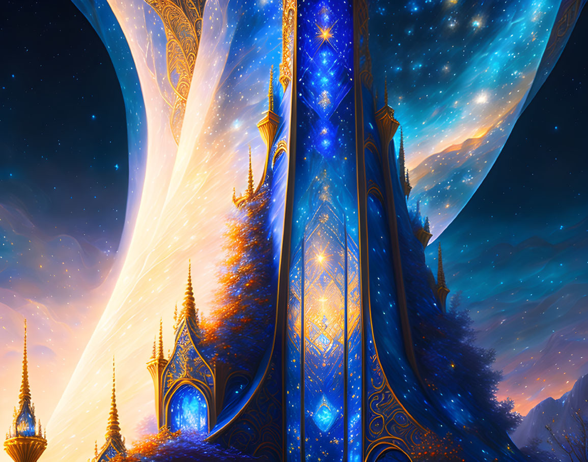 Fantasy Palace with Tall Spires on Celestial Body at Night