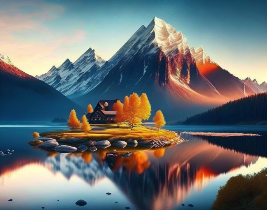 Tranquil lakeside scene with island, cabin, golden trees, and snowy mountains at sunset