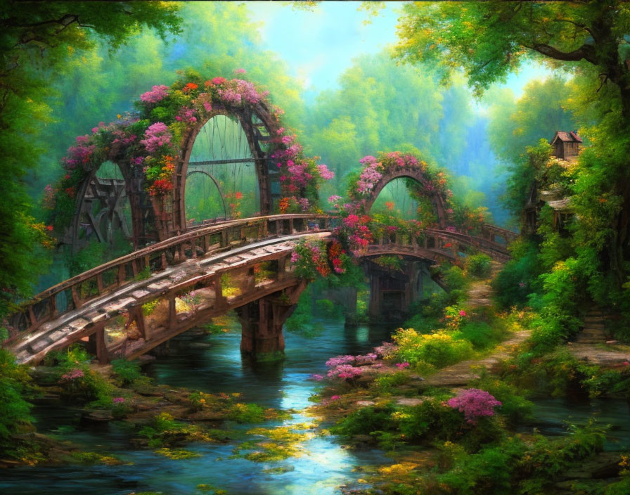 Enchanting wooden bridge with flowers over tranquil river