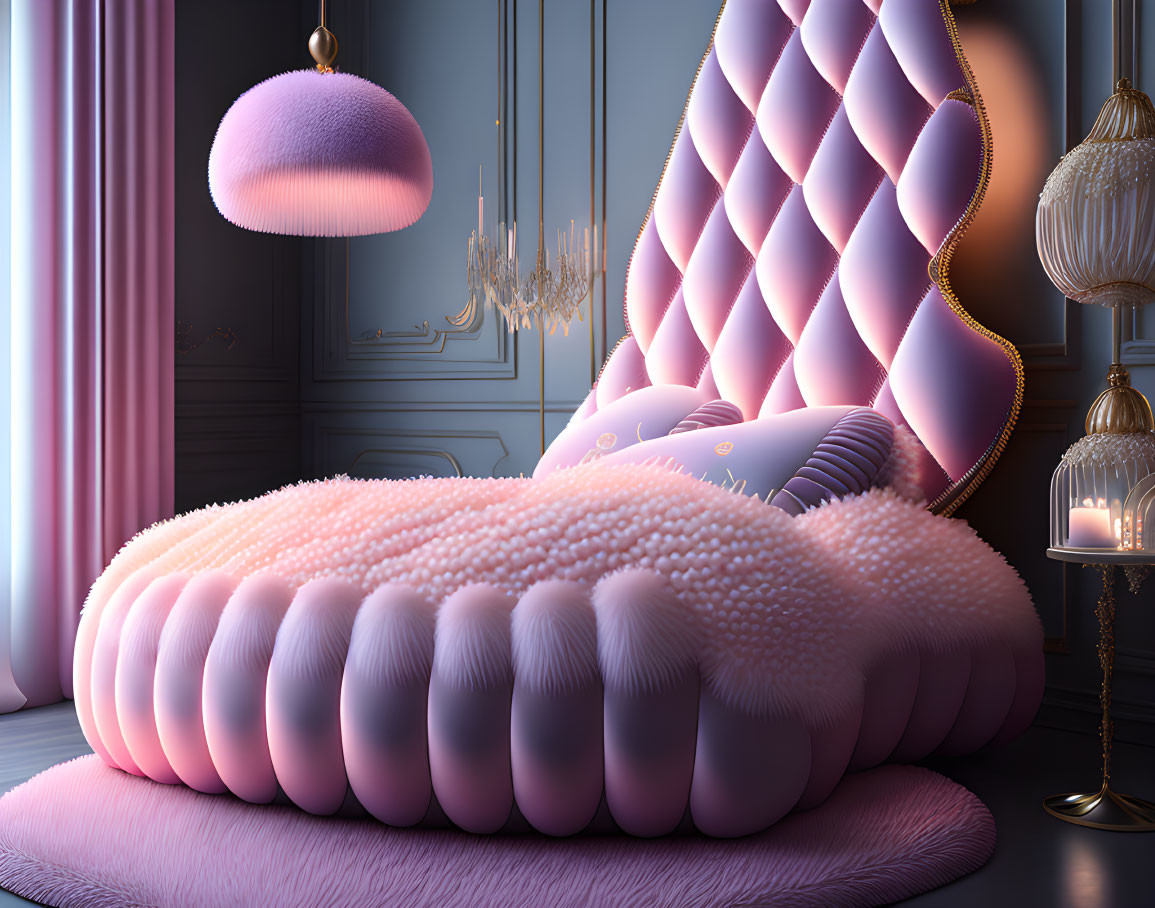 Elegant Pink Room with Plush Sofa & Chandelier