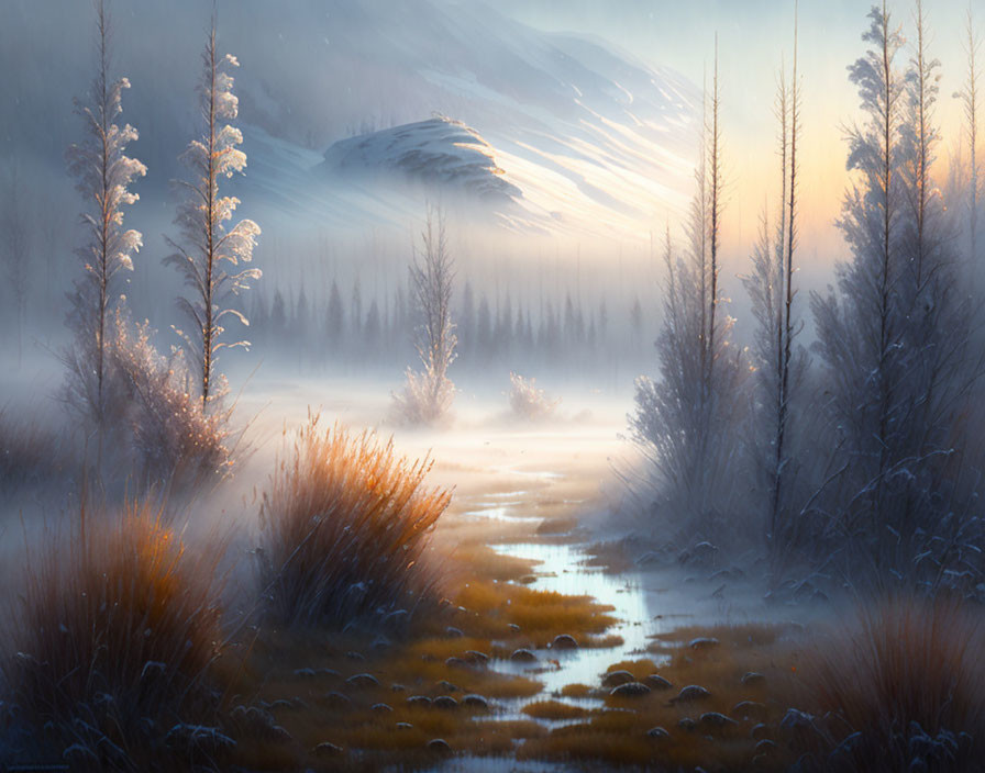Snow-covered trees and stream in misty winter landscape at dawn