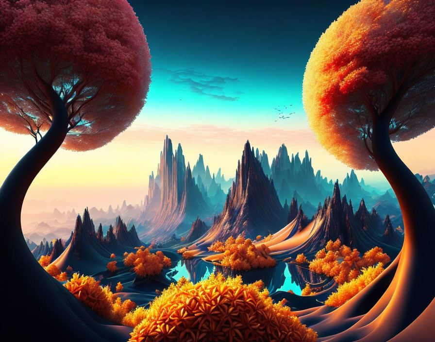 Fantasy landscape with orange trees, hills, rocks, lakes, twilight sky