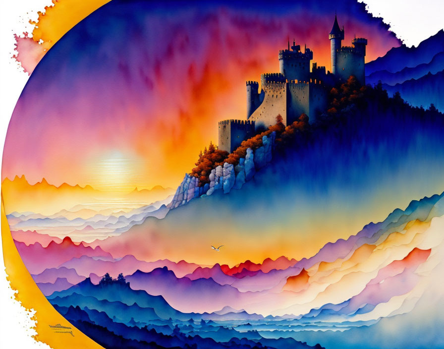 Medieval castle watercolor: colorful sunrise, misty mountains