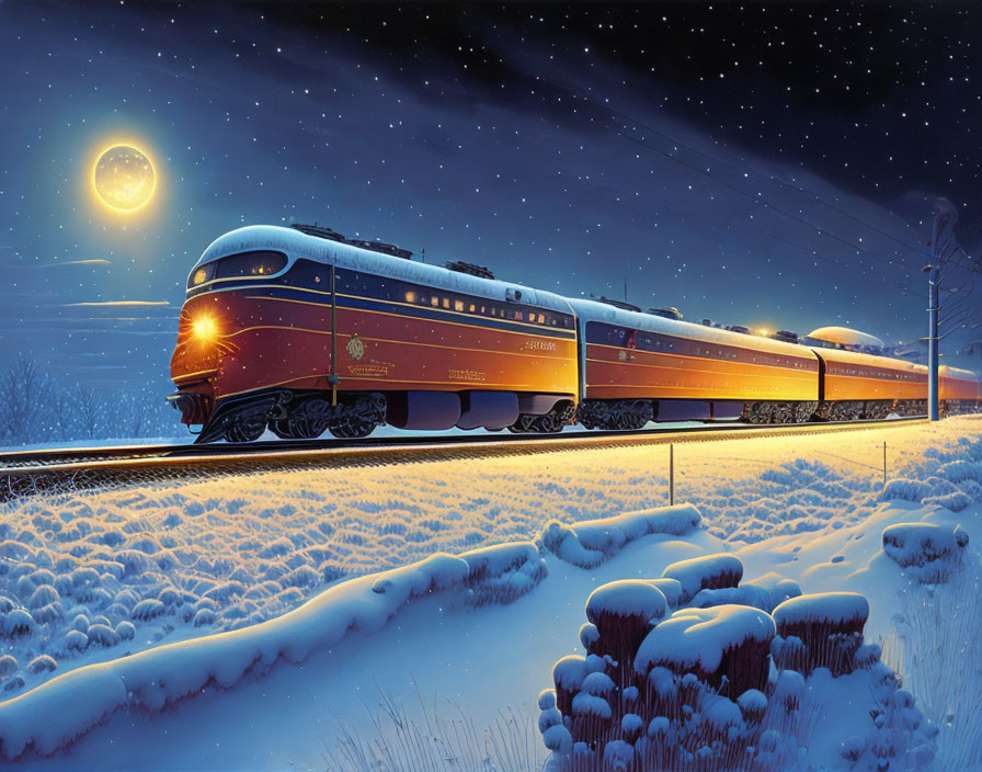 Vintage train night journey through snowy landscape under full moon