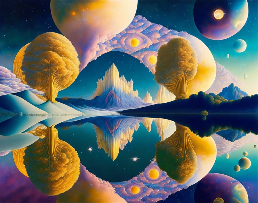 Surreal autumn landscape with mirrored mountains and floating planets