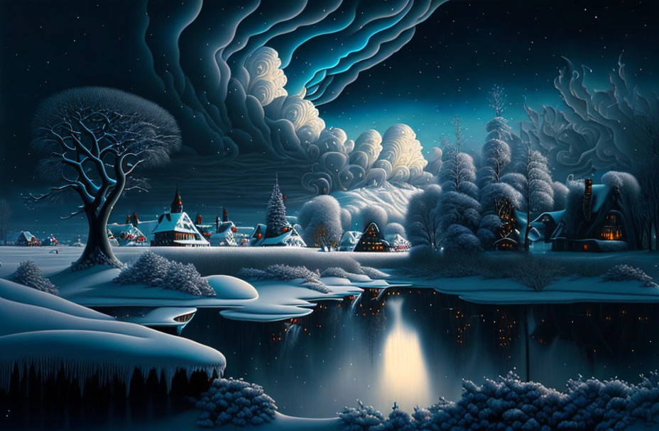 Snow-covered village and reflective lake in serene winter night scene
