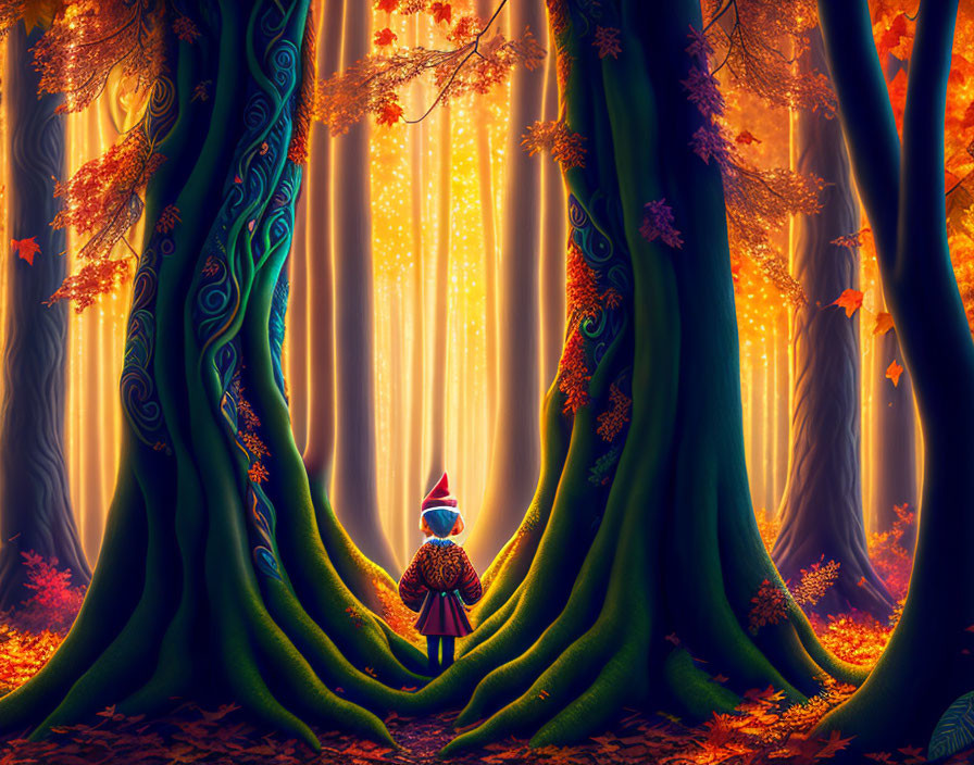 Child in Knitted Hat Standing in Magical Autumn Forest with Large Trees and Sunlight Beams
