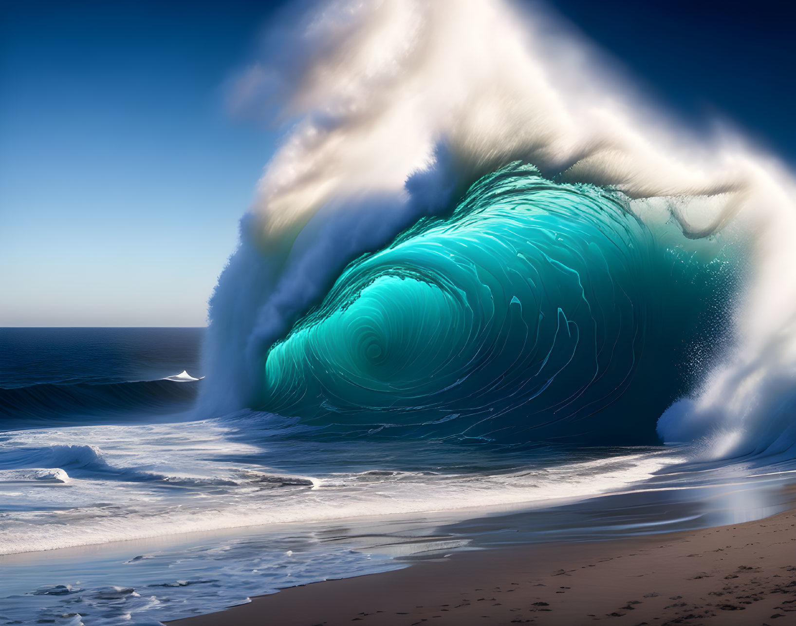 Surreal digital artwork: Massive wave on sandy beach with dreamlike sky