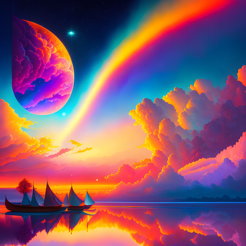 Colorful rainbow, moon, stars, boats in serene water - Fantasy landscape