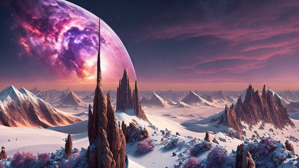 Snowy Peaks and Celestial Body in Sci-Fi Landscape