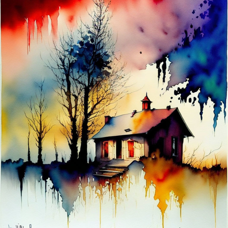 Colorful Watercolor Painting of Solitary House with Red Roof and Trees