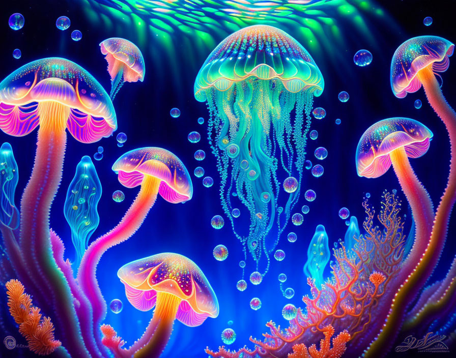 Colorful Jellyfish Swimming in Blue Water with Coral Structures