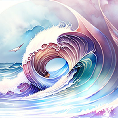 Colorful Surreal Wave Illustration with Pastel Tones and Flying Bird