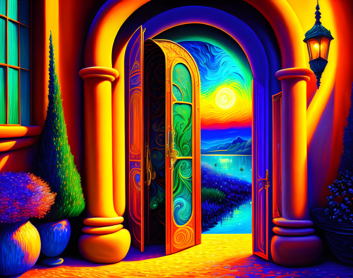 Colorful artwork of ornate door opening to starry night landscape with Van Gogh-style skies,