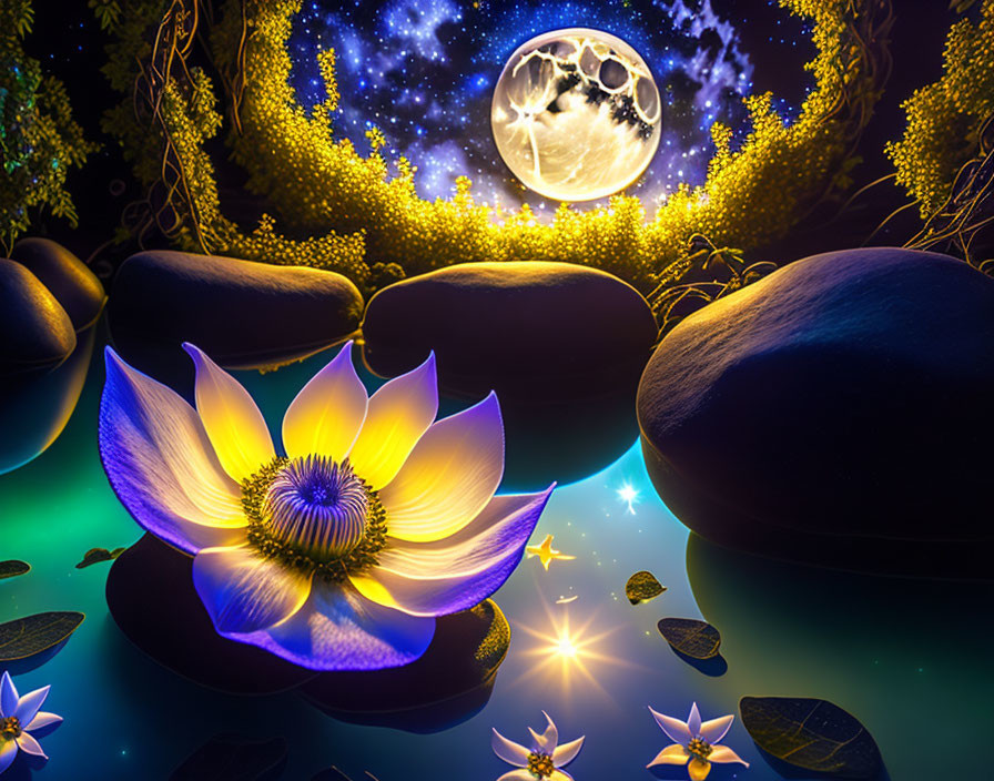 Digital Art: Glowing Purple Lotus on Water with Full Moon & Stars