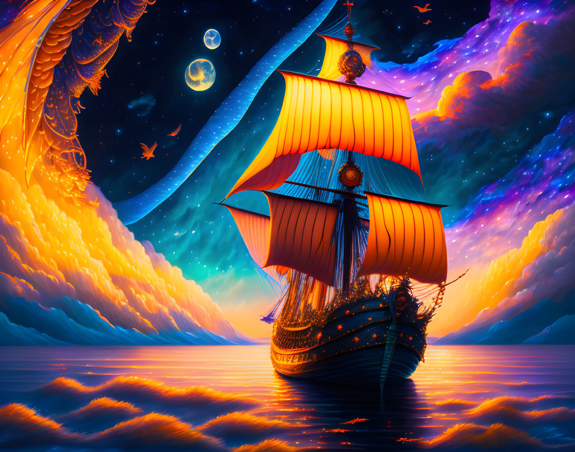 Golden ship sailing at sunset with fiery clouds, crescent moon, stars, and ethereal phoenix.